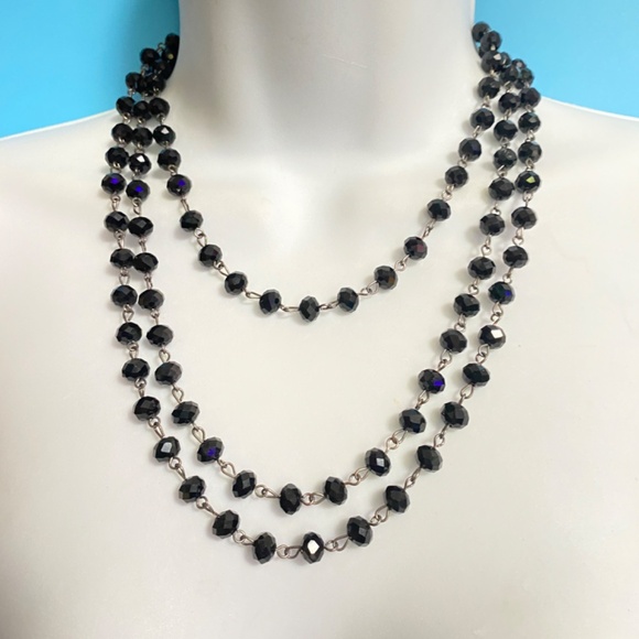 Vintage Black Glass Faceted Beads Long Necklace Over-The-Head Style - Picture 4 of 9